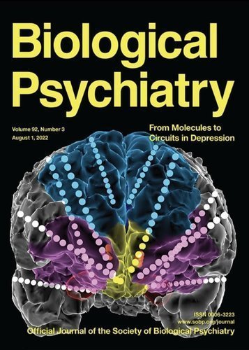 Biological Psychiatry journal cover featuring FIND Neuro's brain visualization with electrode contacts